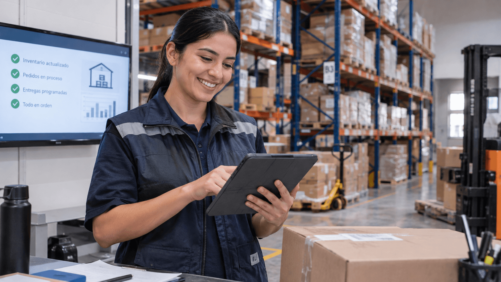 Trabajadora revisando inventario y pedidos en tablet dentro de un almacén