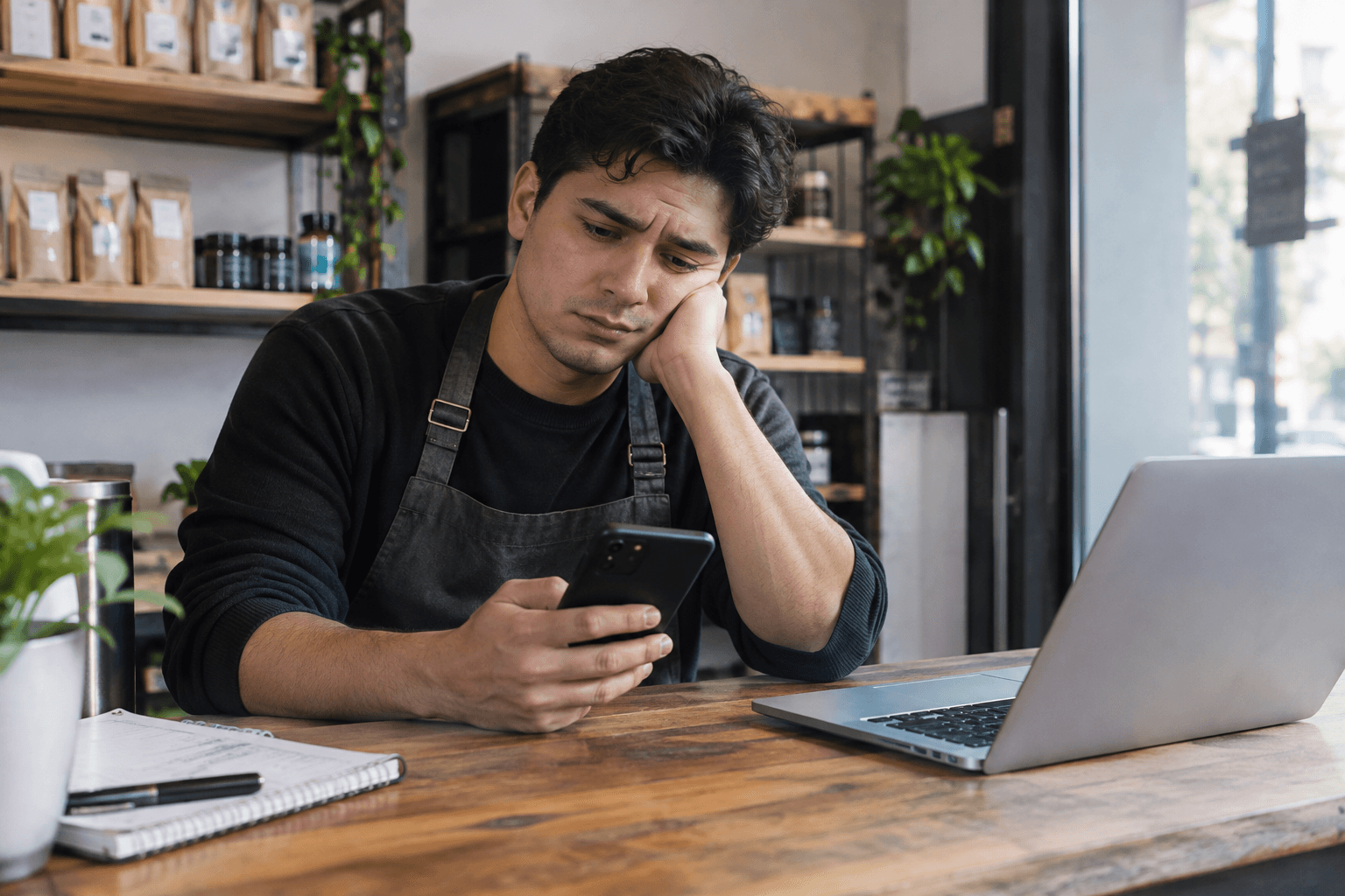 Dueño de negocio revisando su celular, preocupado frente a su laptop