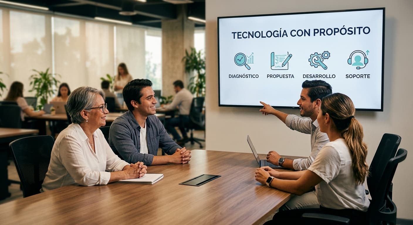 Equipo de MBT revisando el proceso de diagnóstico, propuesta, desarrollo y soporte con un cliente
